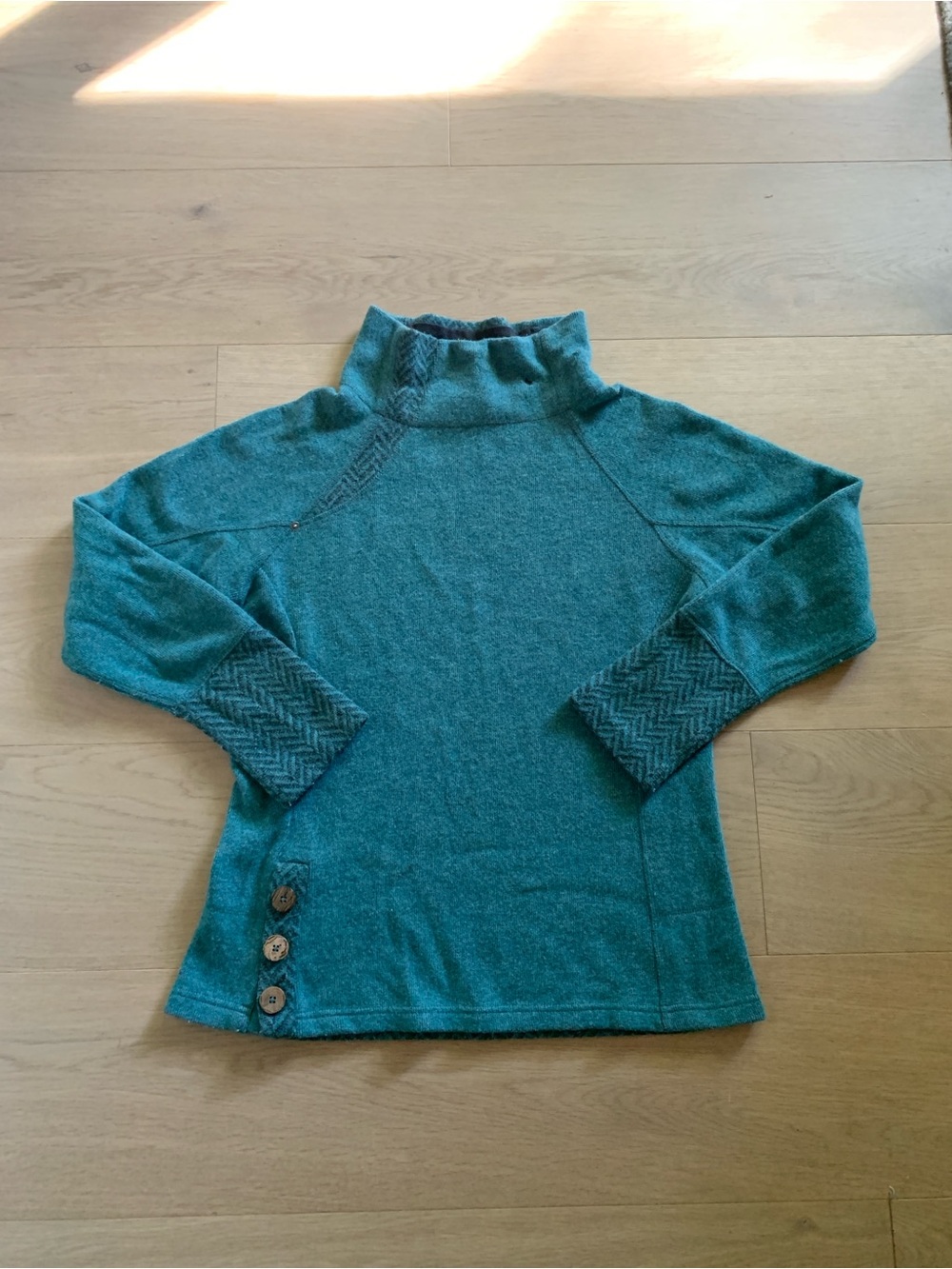 prAna Lucia Women L Wool Herringbone Sweater Teal Fall Outdoor Granola Gorpcore